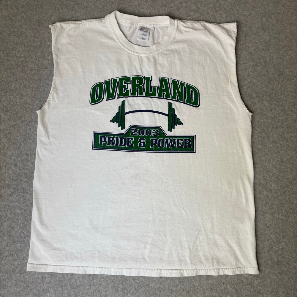 Y2K VTG 2003 Overland Pride & Power Gym Weight Lifting Cut-off Tee XL